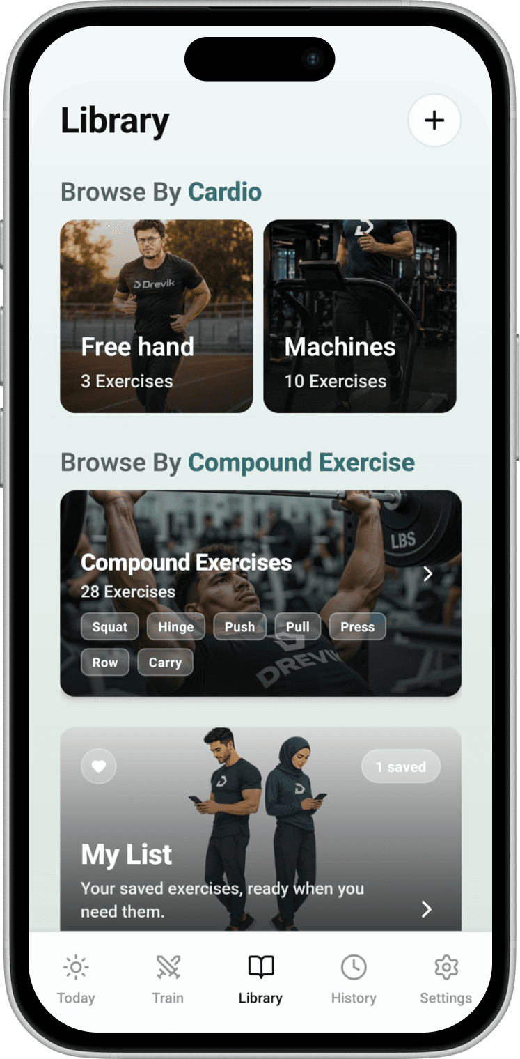 Drevik Library screen showing exercise catalog