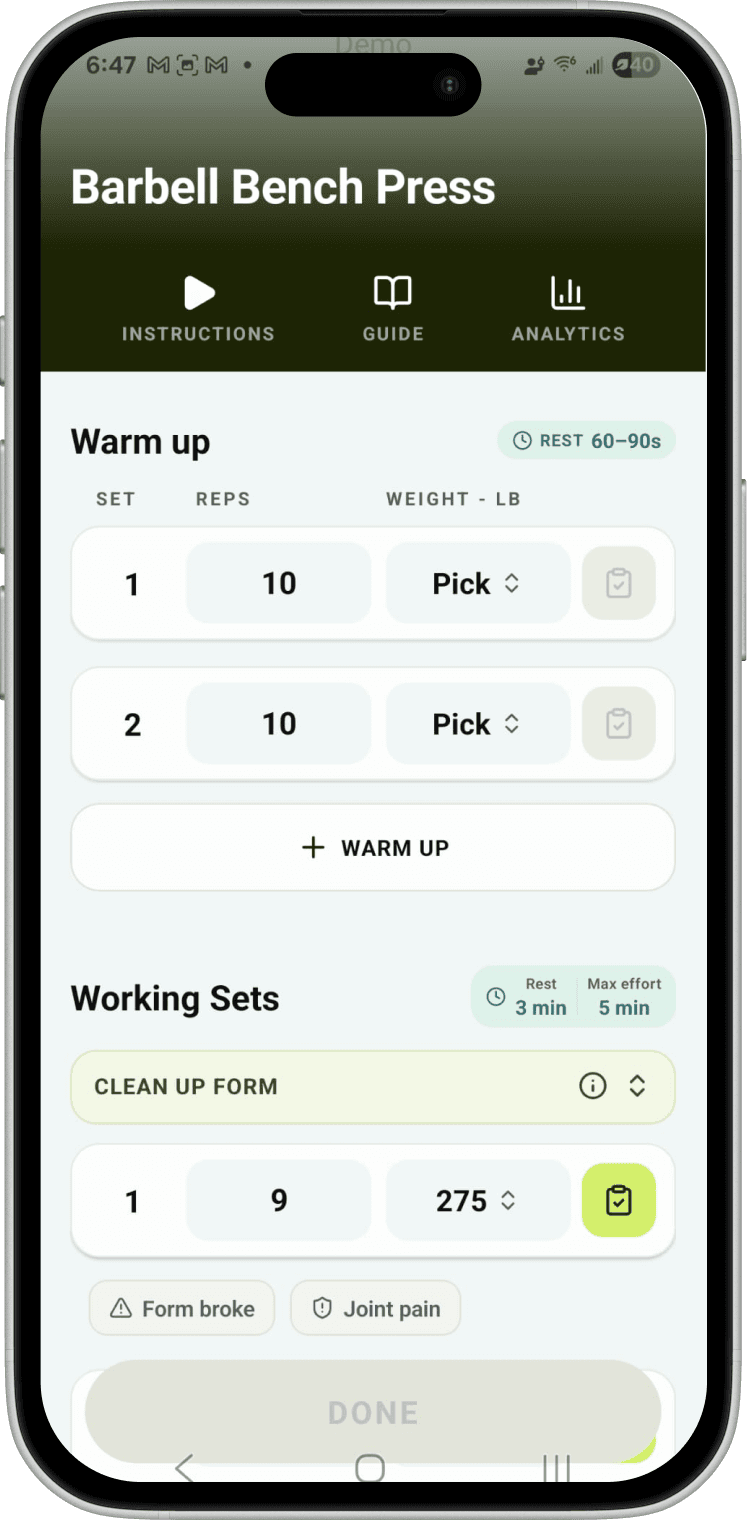 Exercise logging screen with form broke and joint pain safety flags