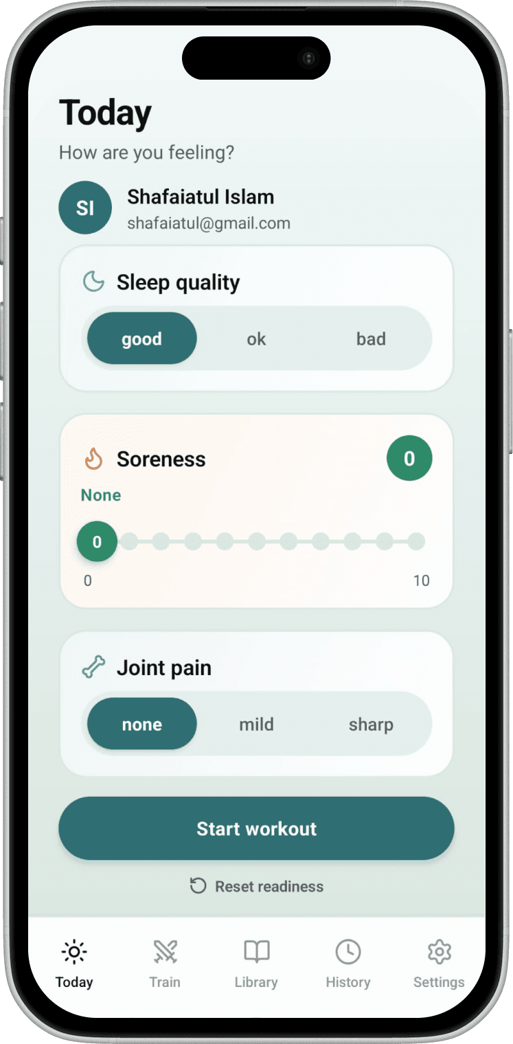 Today screen showing readiness check with sleep, soreness, and joint pain inputs