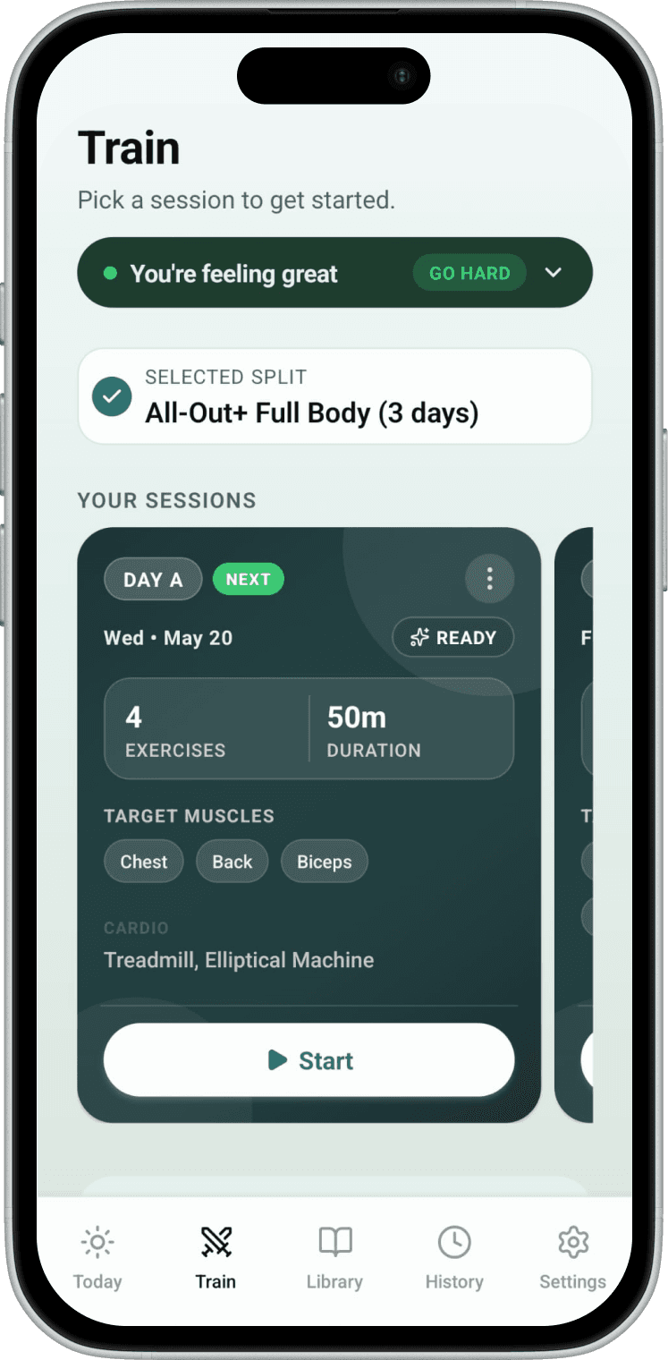 Train screen showing session selection with exercises, duration, and target muscles