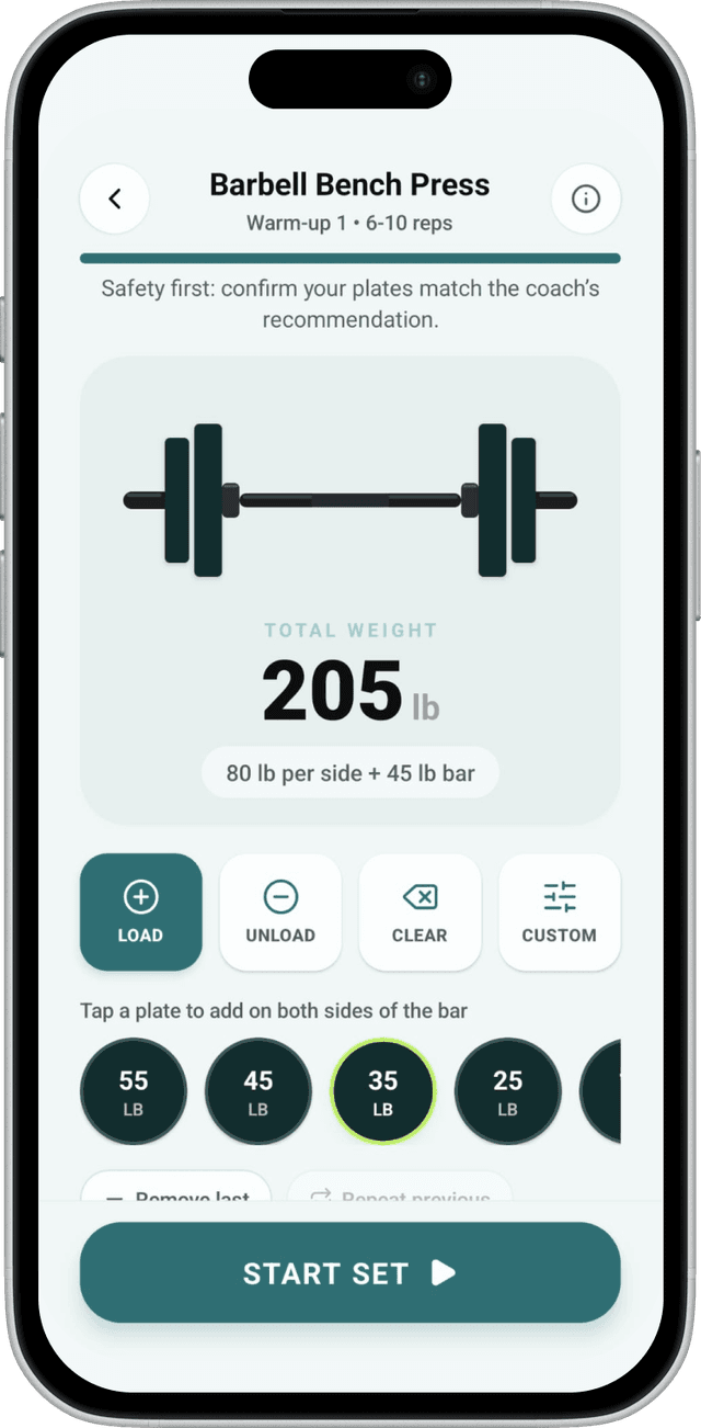 Barbell Bench Press screen — live bar preview with plate loading and weight display