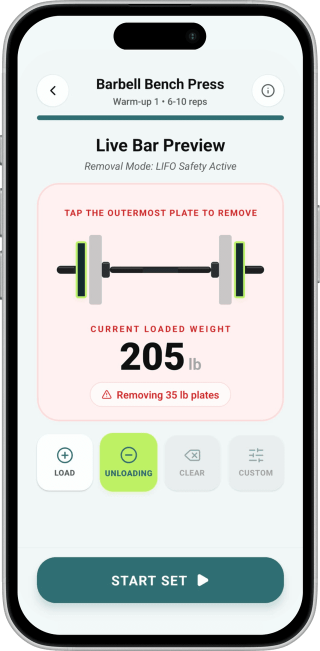 Barbell Bench Press — interactive live bar preview showing plate configuration