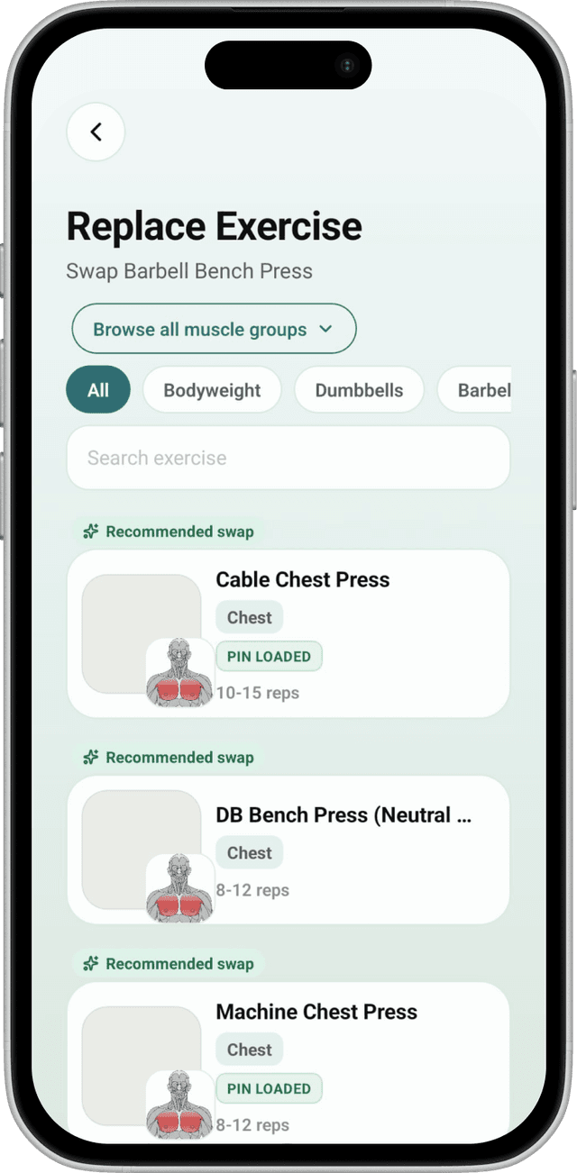Replace Exercise screen — smart swap suggestions filtered by equipment and muscle group