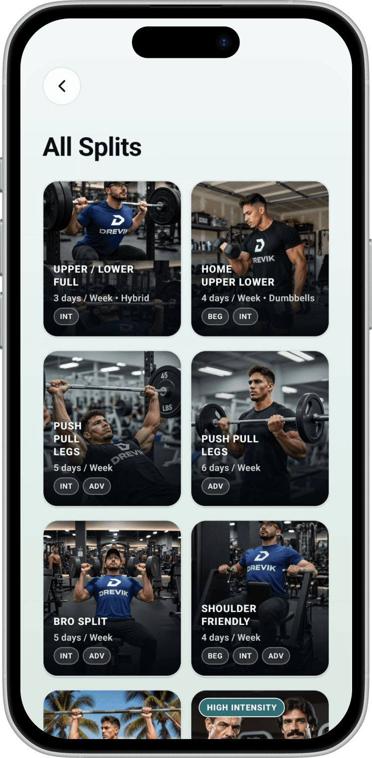 All Splits screen showing proven workout split options