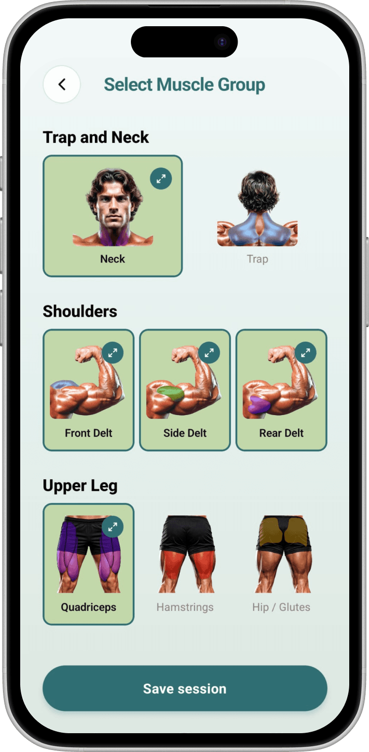 Select Muscle Group screen with anatomical muscle group tiles